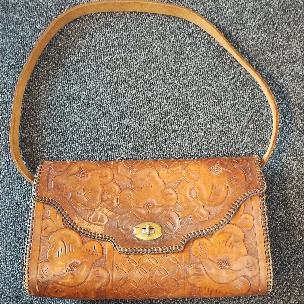 Vintage Tooled Leather Shoulder Purse Floral